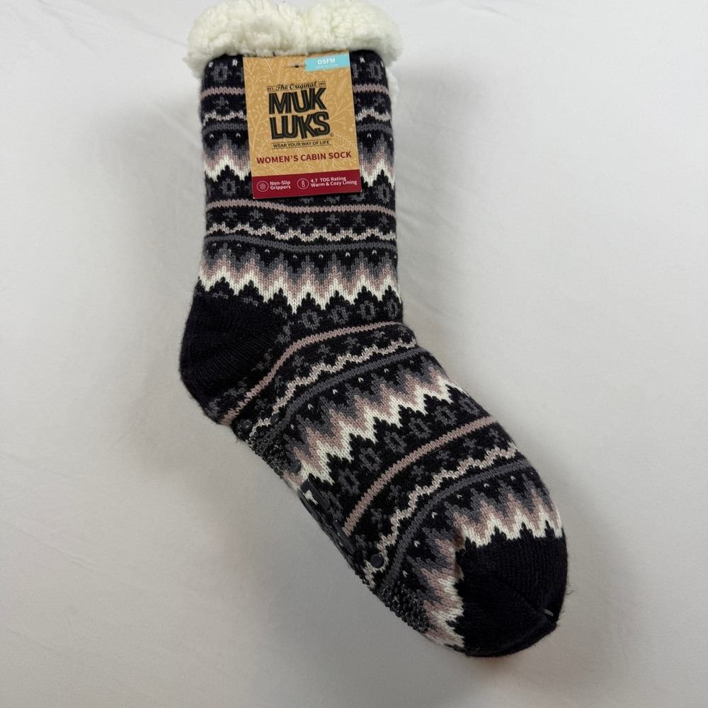 Muk Luks Womens Cabin Socks Fair Isle Black Grey Faux Shearling Non-Slip OS